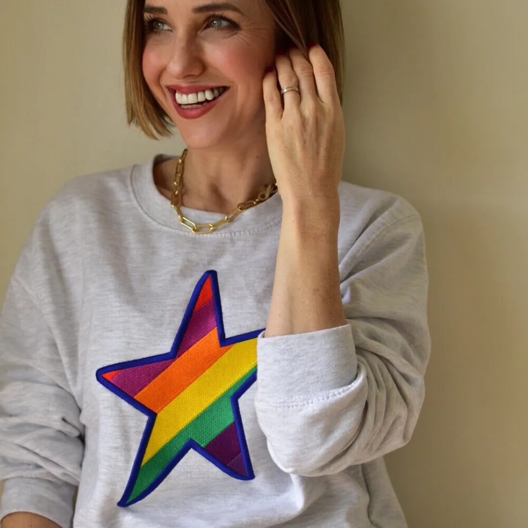 Embroidered Rainbow STAR Sweatshirt on Ash Grey