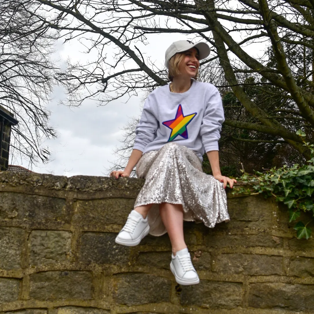 Embroidered Rainbow STAR Sweatshirt on Ash Grey