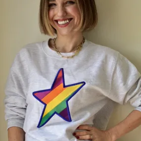 Embroidered Rainbow STAR Sweatshirt on Ash Grey