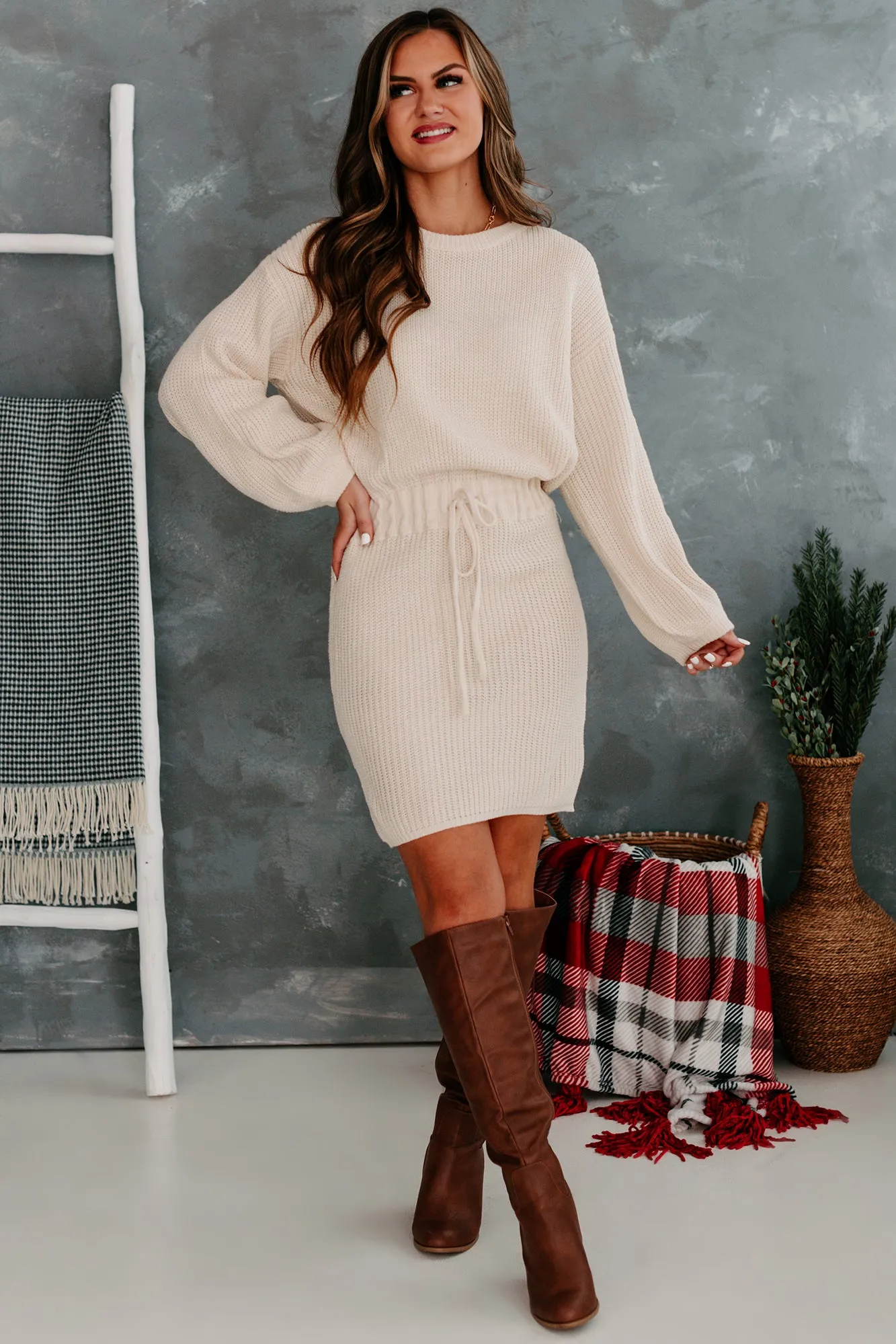 Enhanced Beauty Drawstring Waist Sweater Dress (Cream)