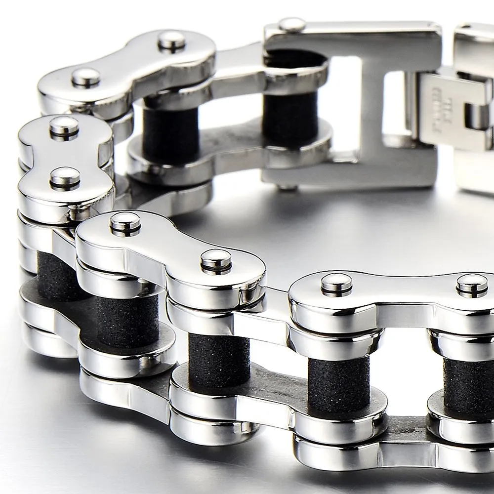 Exquisite Bike Chain Bracelet for Men, Crafted from Stainless Steel in Silver and Black Two-Tone, Polished and Satin Finish, Perfect for Casual Wear or Biker-Themed Events