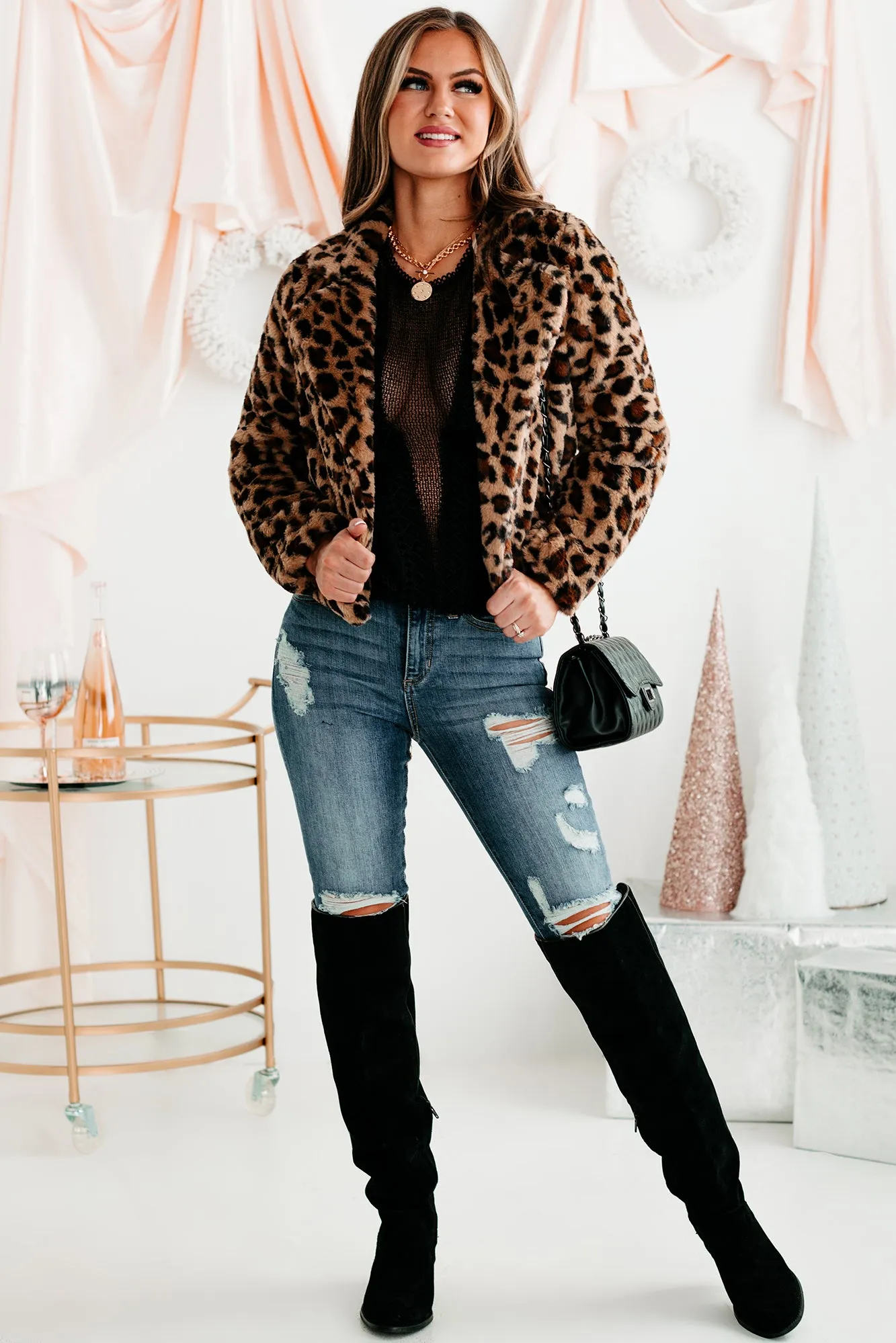 Fancy Feels Leopard Print Faux Fur Jacket (Brown)