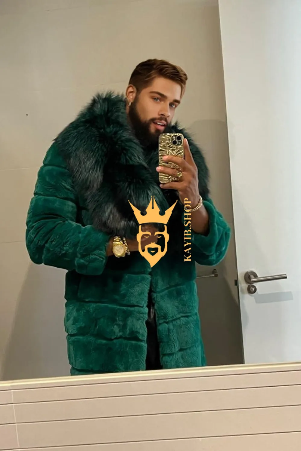 Fashion Winter Men's Rex Rabbit Fur Coat with Super Large Raccoon Collar - Premium Fashion Outerwear