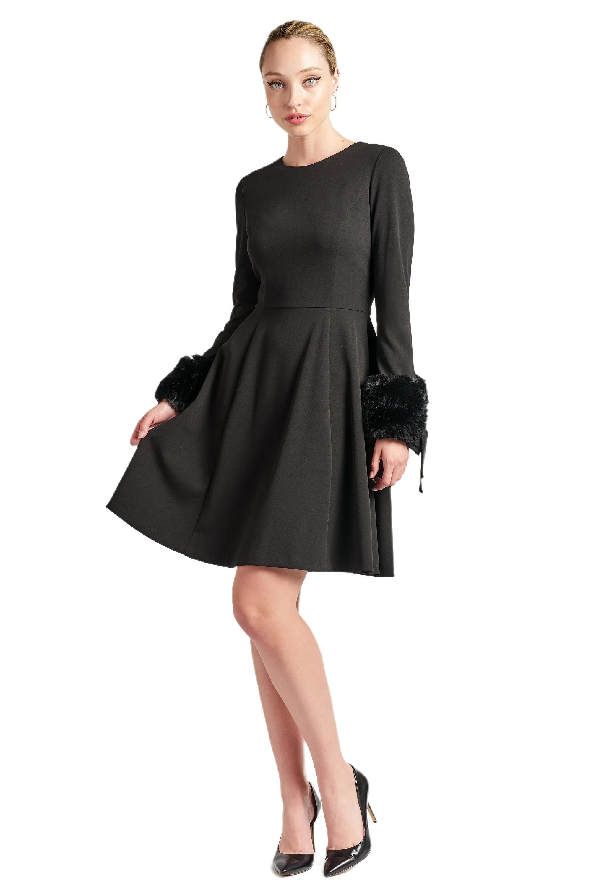 Faux Fur Accented Fit & Flare Caroline Dress