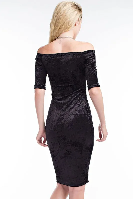 FINAL SALE-THE MYSTYLEMODE CRUSHED VELVET OFF THE SHOULDER MIDI DRESS