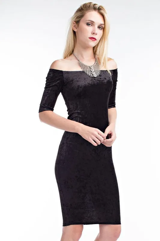 FINAL SALE-THE MYSTYLEMODE CRUSHED VELVET OFF THE SHOULDER MIDI DRESS