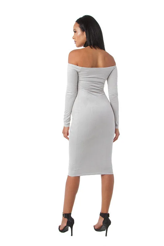 FINAL SALE-THE MYSTYLEMODE LIGHT GRAY SUEDE DOUBLE LINED OFF THE SHOULDER MIDI DRESS