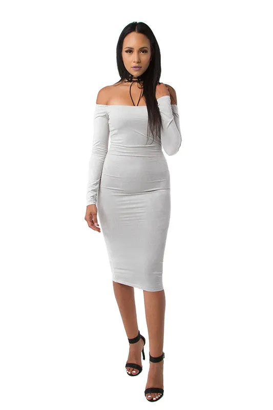 FINAL SALE-THE MYSTYLEMODE LIGHT GRAY SUEDE DOUBLE LINED OFF THE SHOULDER MIDI DRESS