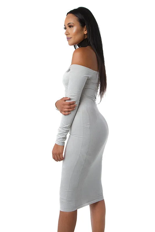 FINAL SALE-THE MYSTYLEMODE LIGHT GRAY SUEDE DOUBLE LINED OFF THE SHOULDER MIDI DRESS