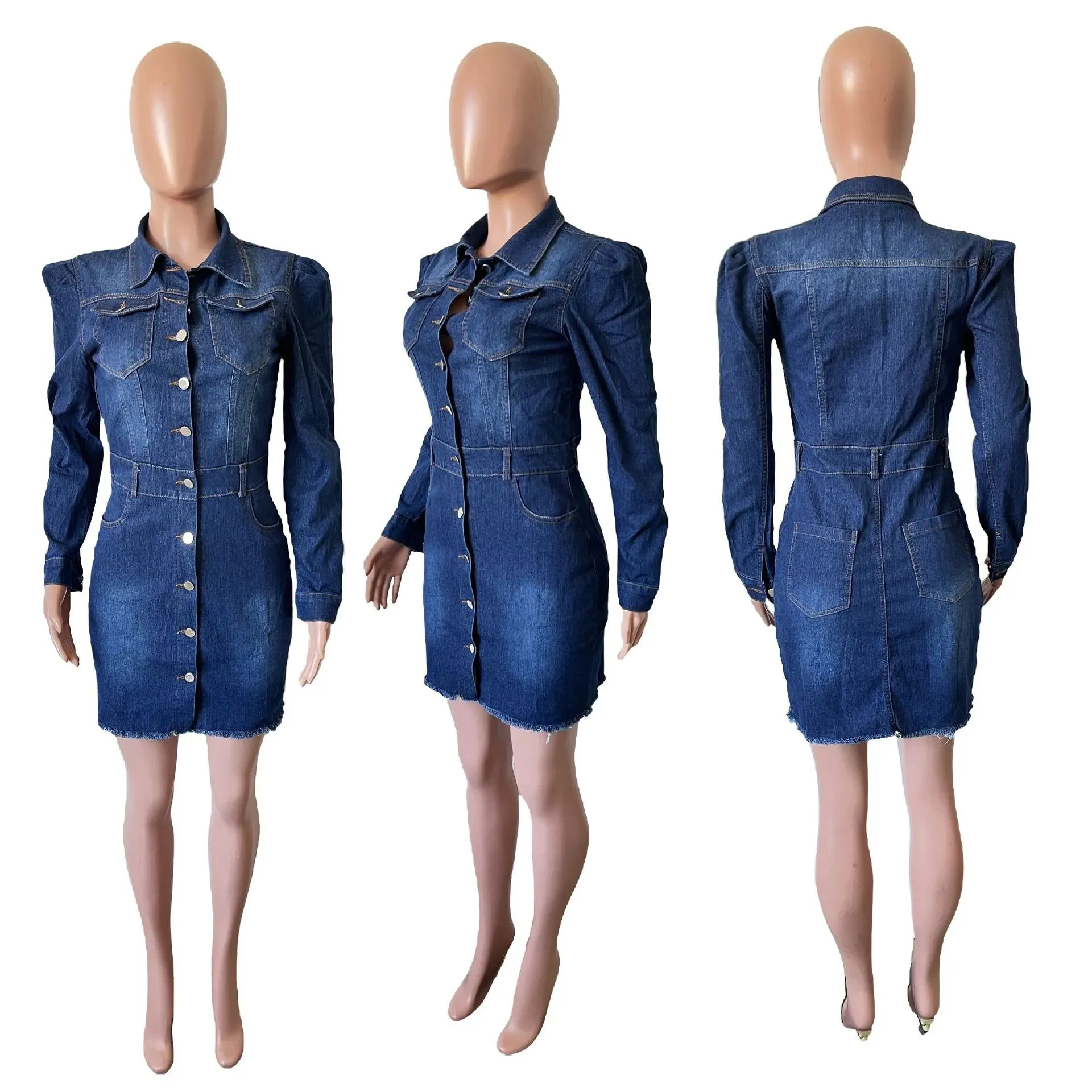 Fitted Metal Button Denim Bodycon Mini Dress with Pockets