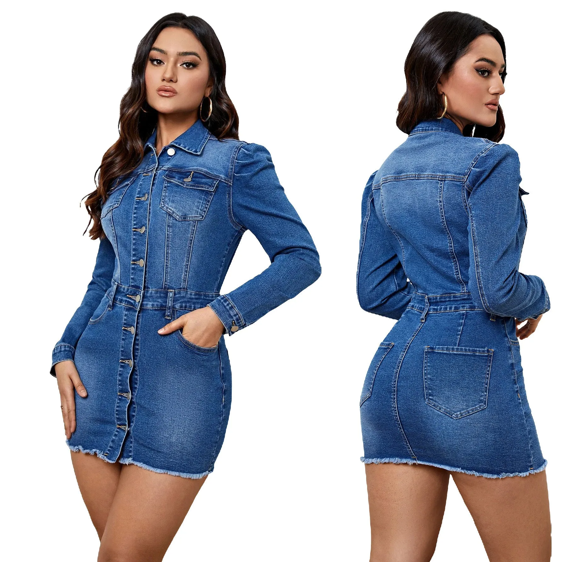 Fitted Metal Button Denim Bodycon Mini Dress with Pockets