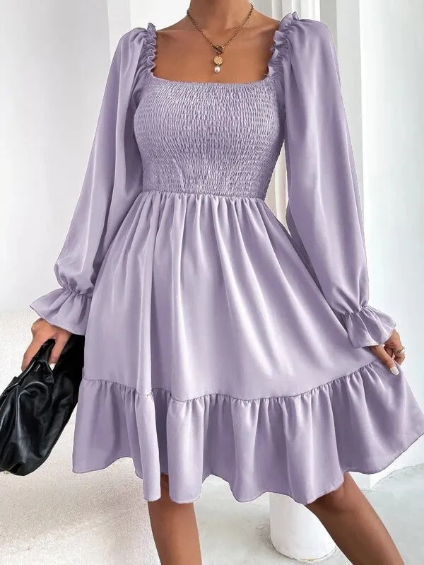 Flared Long Sleeve Dresses Women Square Neck Ruffled Swing Dress - Elegant & Stylish Swing Dress - Fashionzapp