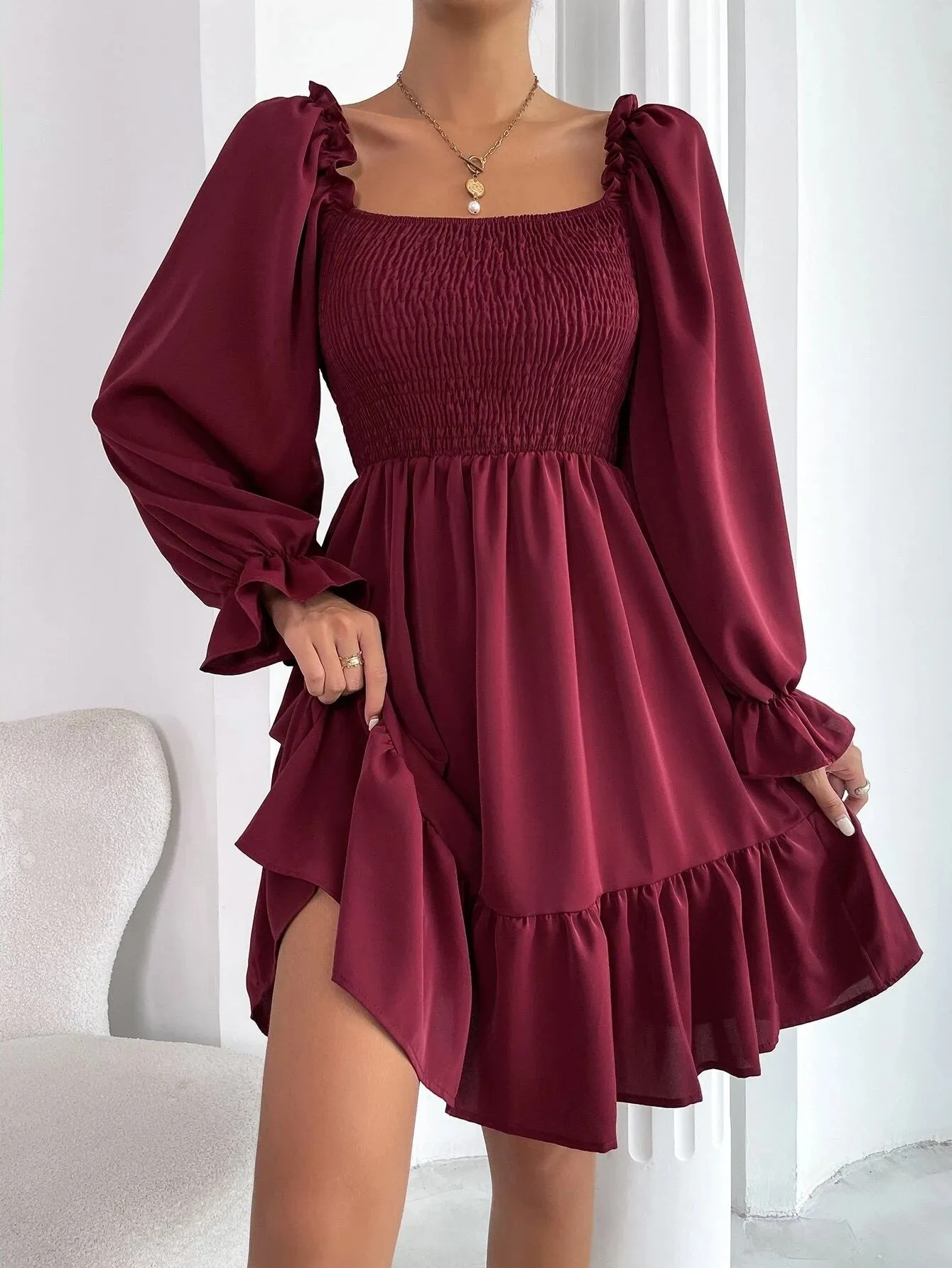 Flared Long Sleeve Dresses Women Square Neck Ruffled Swing Dress - Elegant & Stylish Swing Dress - Fashionzapp