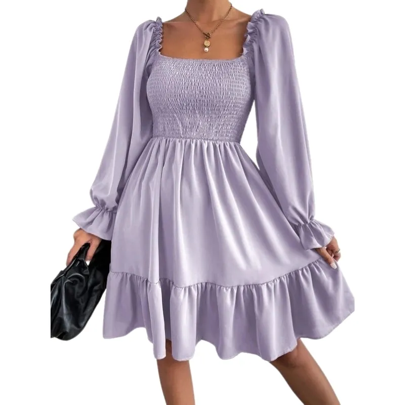 Flared Long Sleeve Dresses Women Square Neck Ruffled Swing Dress - Elegant & Stylish Swing Dress - Fashionzapp