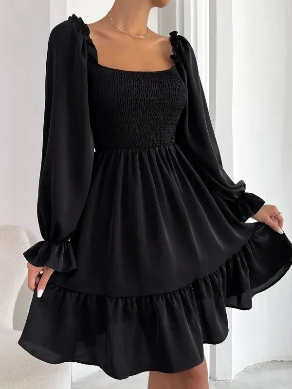 Flared Long Sleeve Dresses Women Square Neck Ruffled Swing Dress - Elegant & Stylish Swing Dress - Fashionzapp