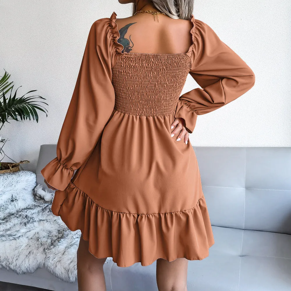 Flared Long Sleeve Dresses Women Square Neck Ruffled Swing Dress - Elegant & Stylish Swing Dress - Fashionzapp