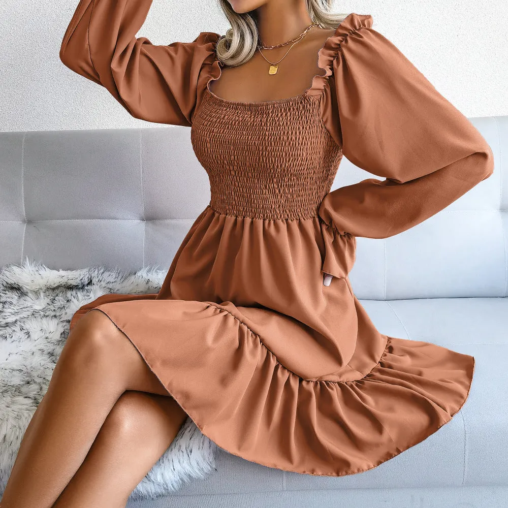 Flared Long Sleeve Dresses Women Square Neck Ruffled Swing Dress - Elegant & Stylish Swing Dress - Fashionzapp