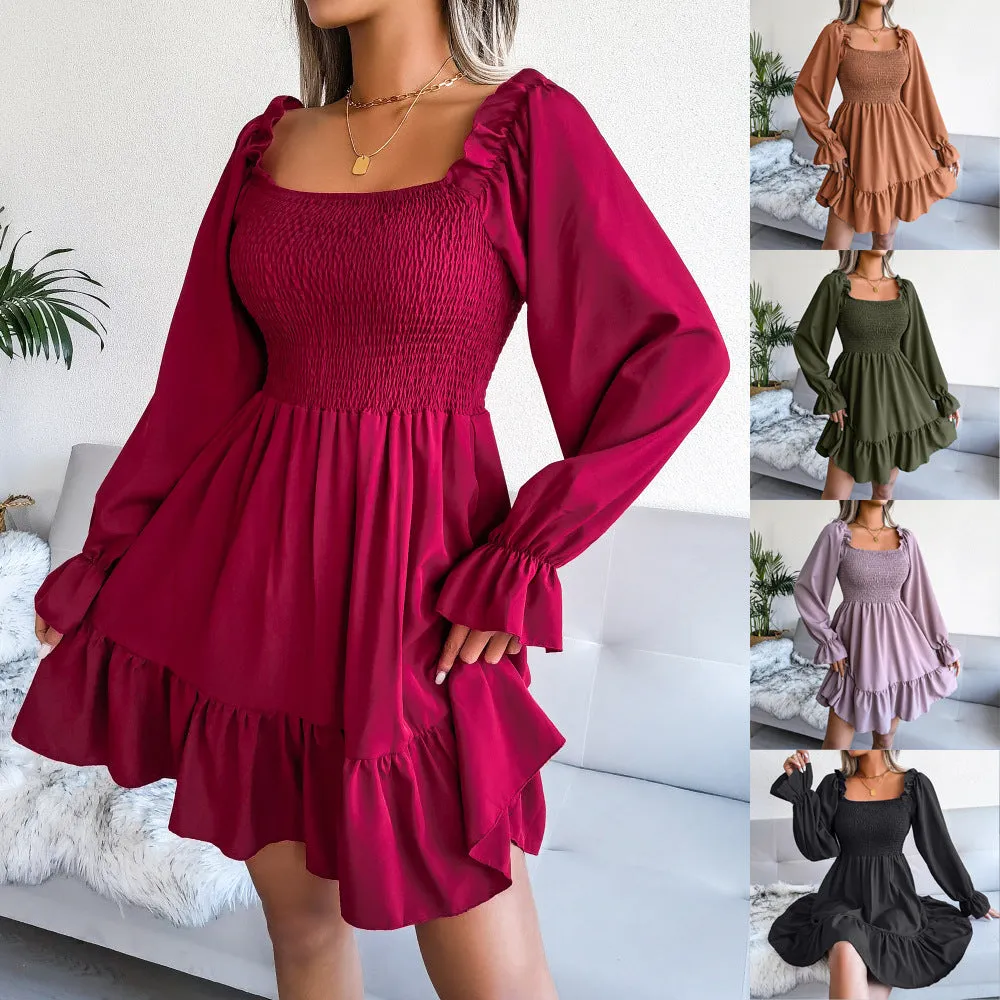 Flared Long Sleeve Dresses Women Square Neck Ruffled Swing Dress - Elegant & Stylish Swing Dress - Fashionzapp