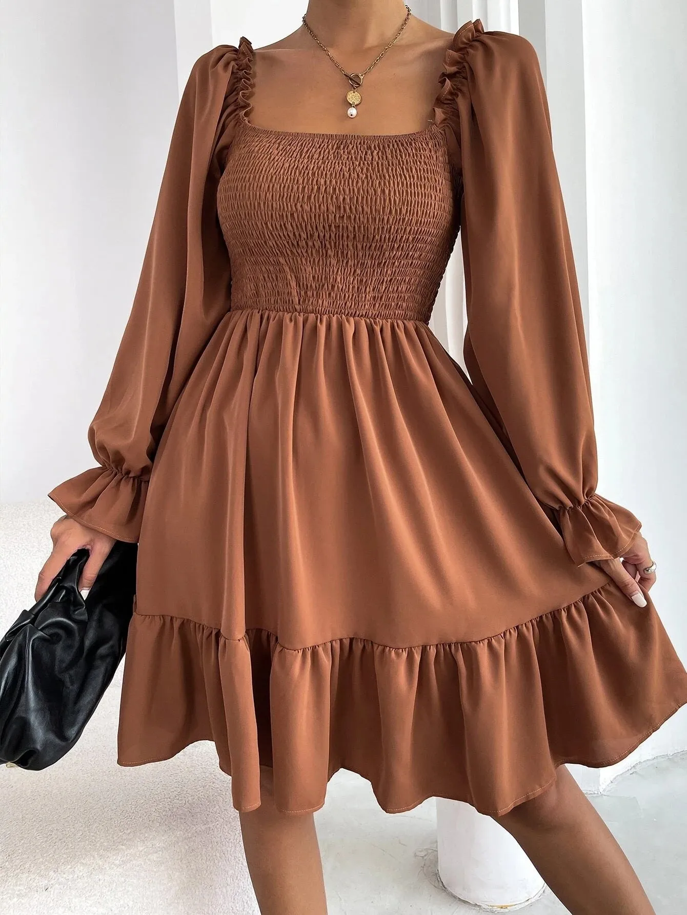 Flared Long Sleeve Dresses Women Square Neck Ruffled Swing Dress - Elegant & Stylish Swing Dress - Fashionzapp