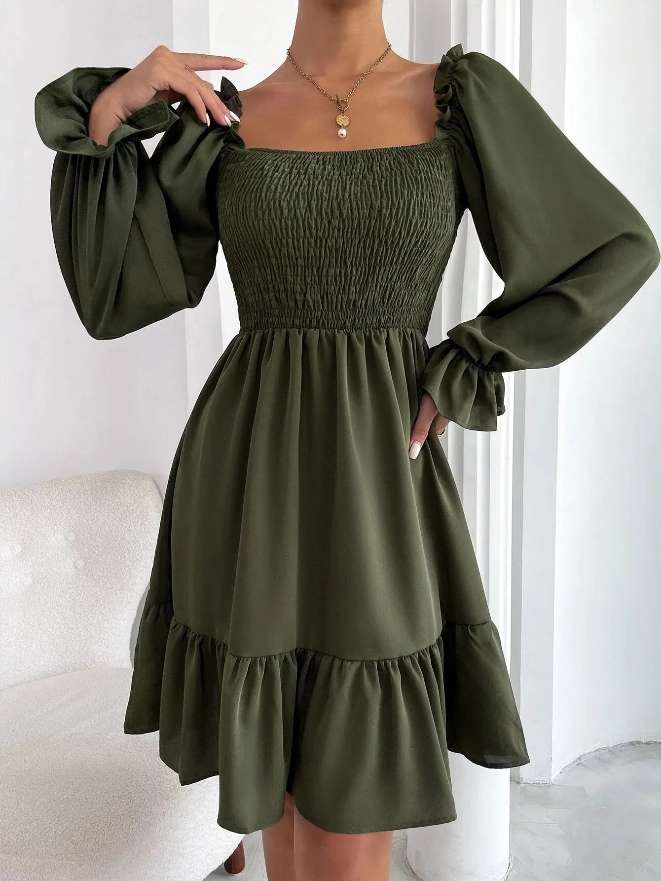 Flared Long Sleeve Dresses Women Square Neck Ruffled Swing Dress - Elegant & Stylish Swing Dress - Fashionzapp