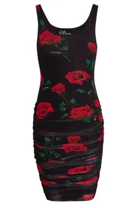 Floral Ruching Bodycon Mini Dress with Rose Print