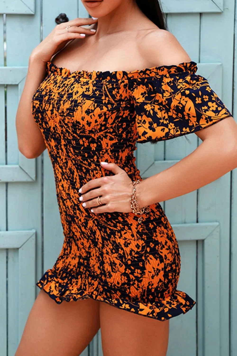 Floral Ruffle Hem Off-Shoulder Mini Bodycon Dress