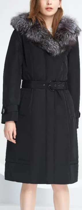 Fox Fur Collar Belted Down Coat