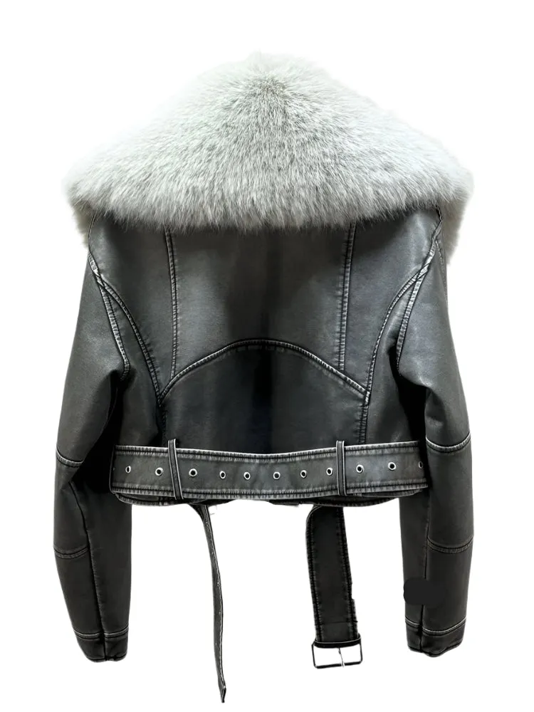 Fur Collar Short Leather Jacket