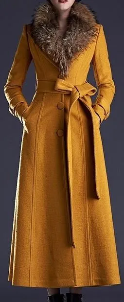 Fur Collar Single-Breasted Wool-Blend Coat, Yellow