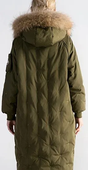 Fur-Hooded Embroidered Puffer Coat , Black or Green