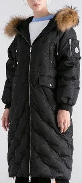 Fur-Hooded Embroidered Puffer Coat , Black or Green