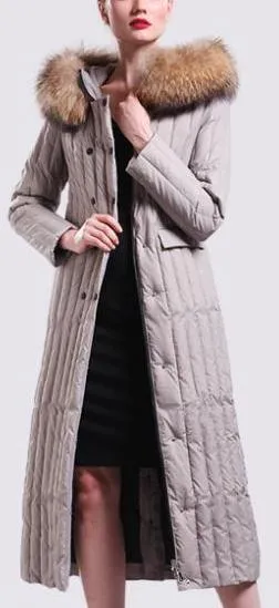 Fur-Hooded Long Paneled Down Coat in Grey