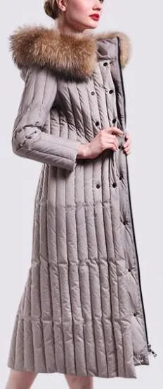 Fur-Hooded Long Paneled Down Coat in Grey