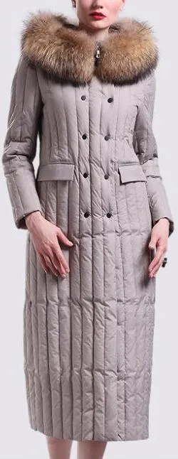 Fur-Hooded Long Paneled Down Coat in Grey