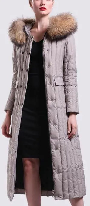 Fur-Hooded Long Paneled Down Coat in Grey