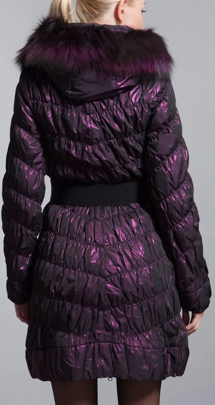 Fur-Hooded Paneled Down Coat, Purple