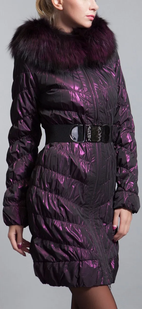 Fur-Hooded Paneled Down Coat, Purple