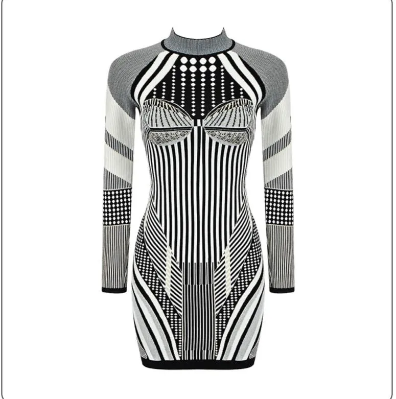 Geometric Long Sleeve Mini Bodycon Dress