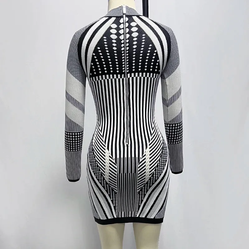 Geometric Long Sleeve Mini Bodycon Dress