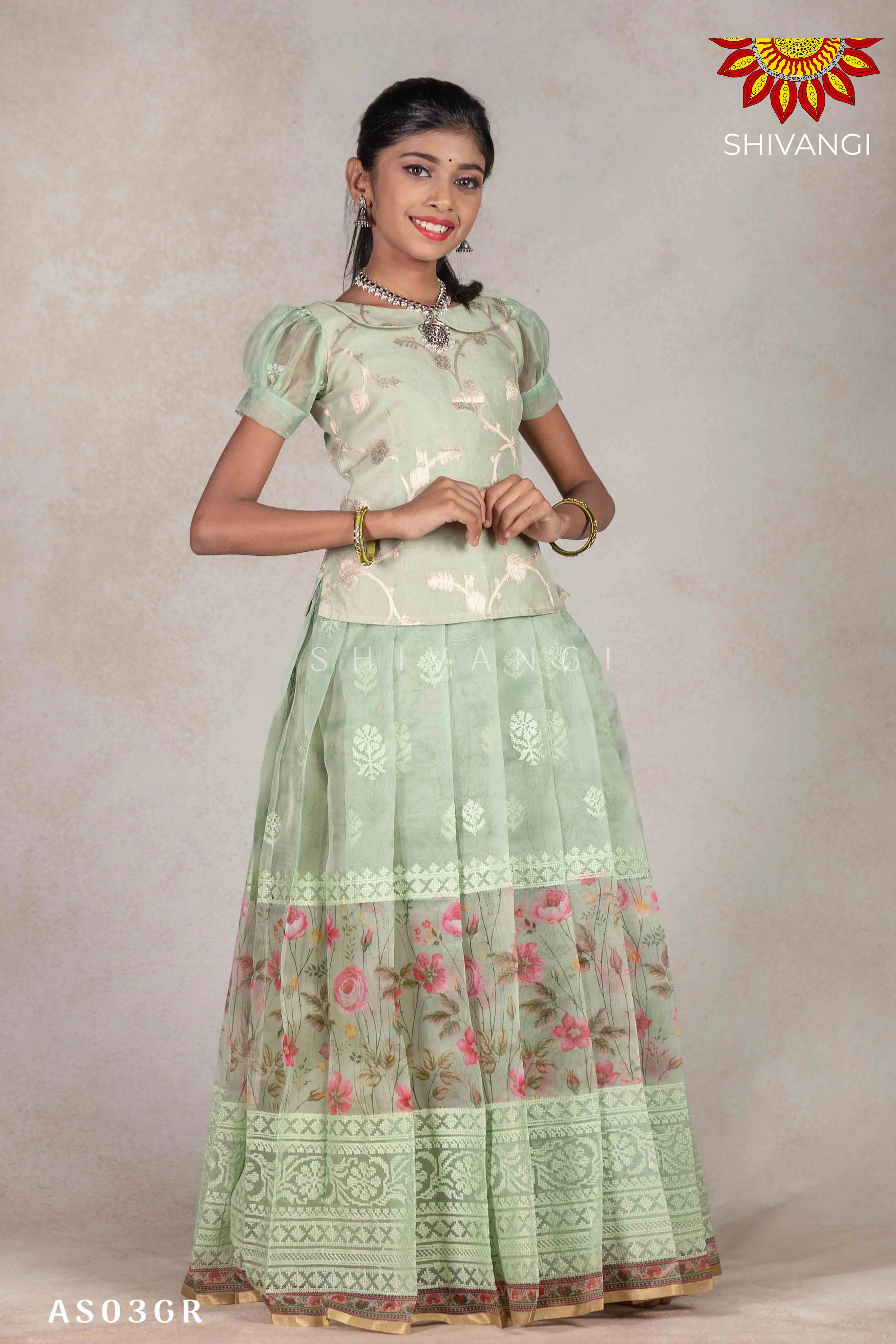 Girls Green Organza Rose Pattu Pavadai |Langa - Green