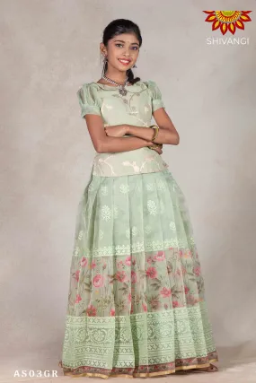 Girls Green Organza Rose Pattu Pavadai |Langa - Green