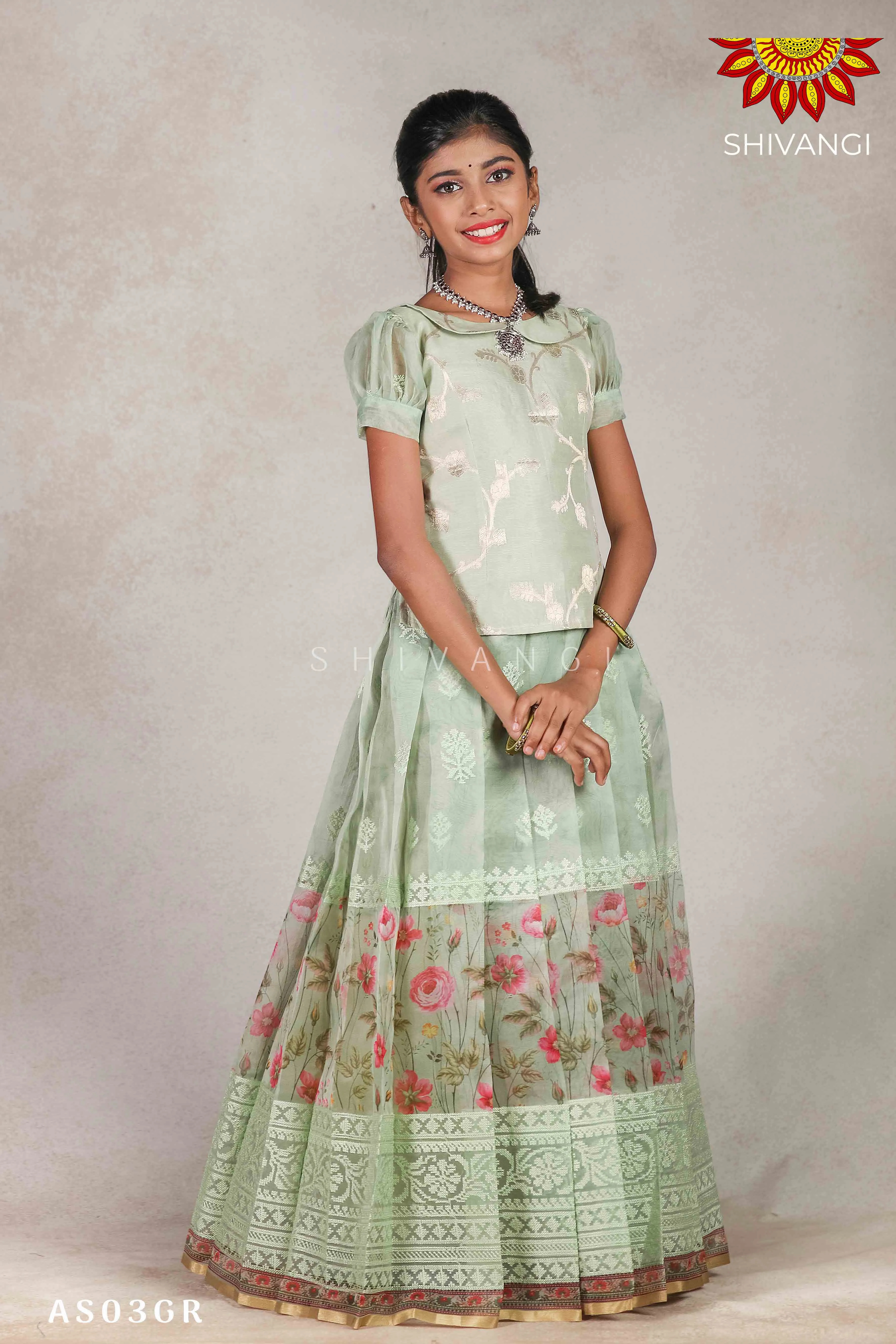 Girls Green Organza Rose Pattu Pavadai |Langa - Green