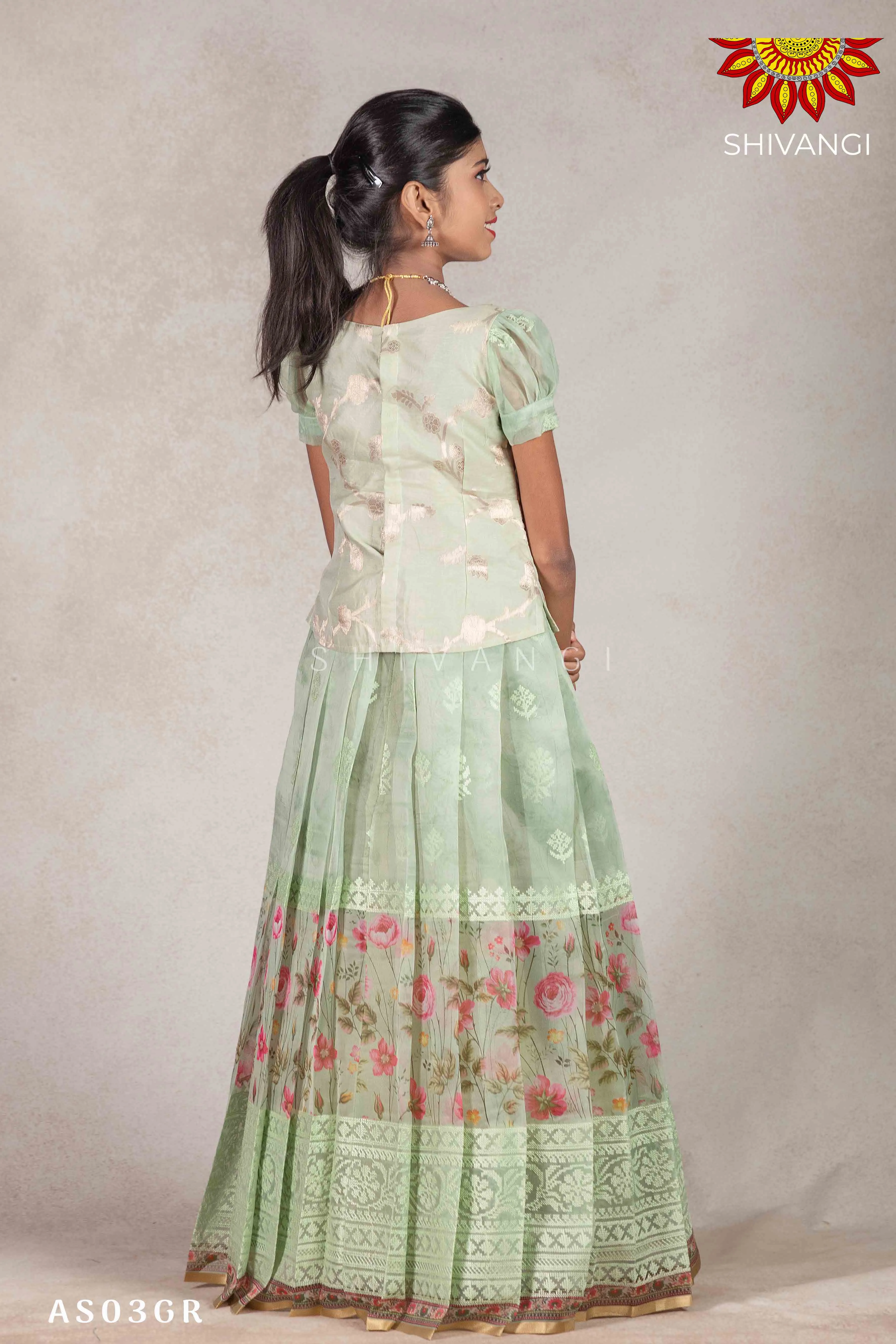 Girls Green Organza Rose Pattu Pavadai |Langa - Green