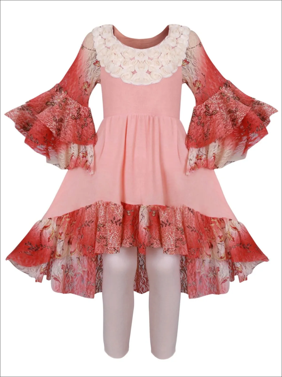 Girls Hi-Lo Tiered Flared Lace Sleeve and Hem Tunic And Legging Set