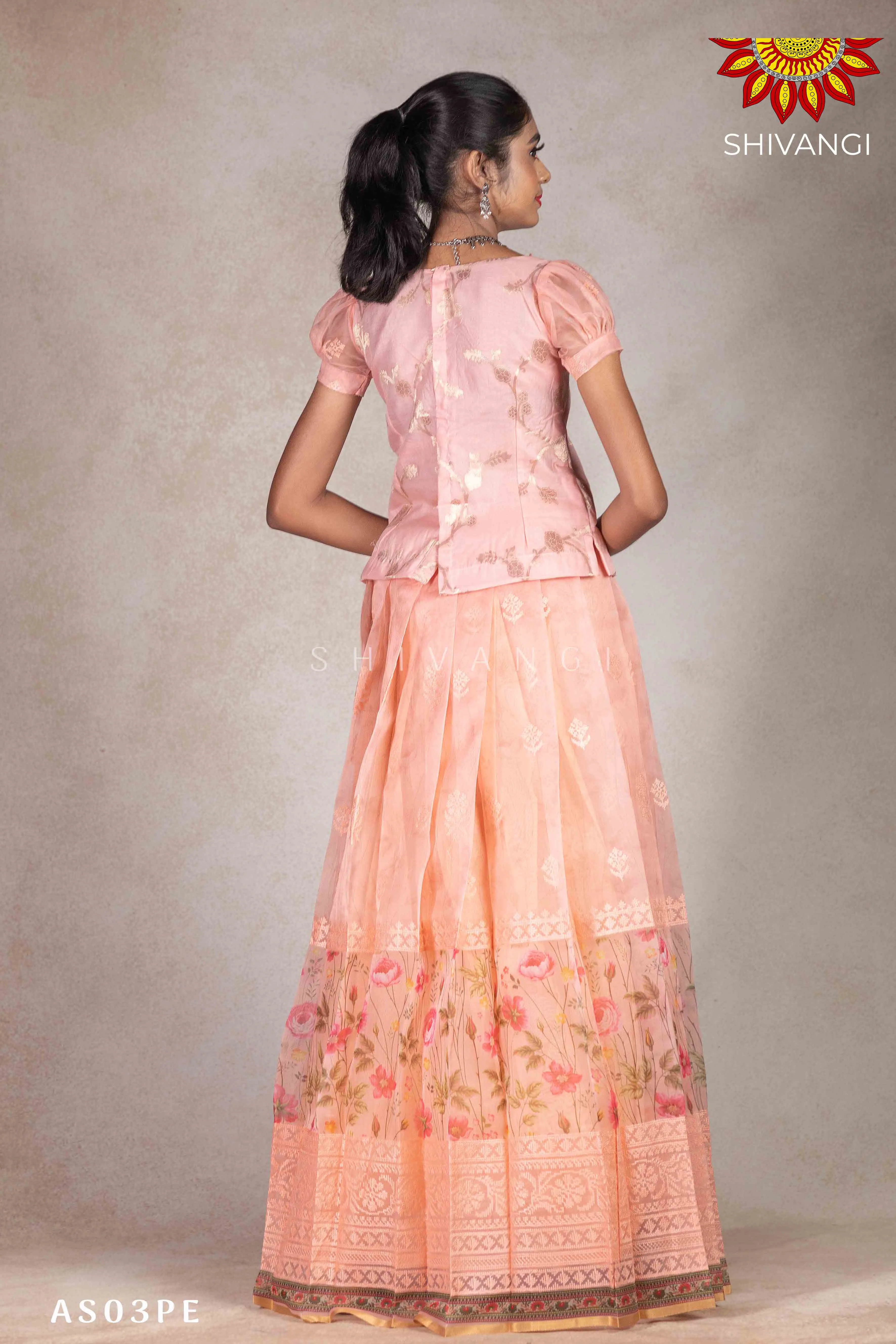 Girls Organza Rose Pattu Pavadai | Langa - Peach