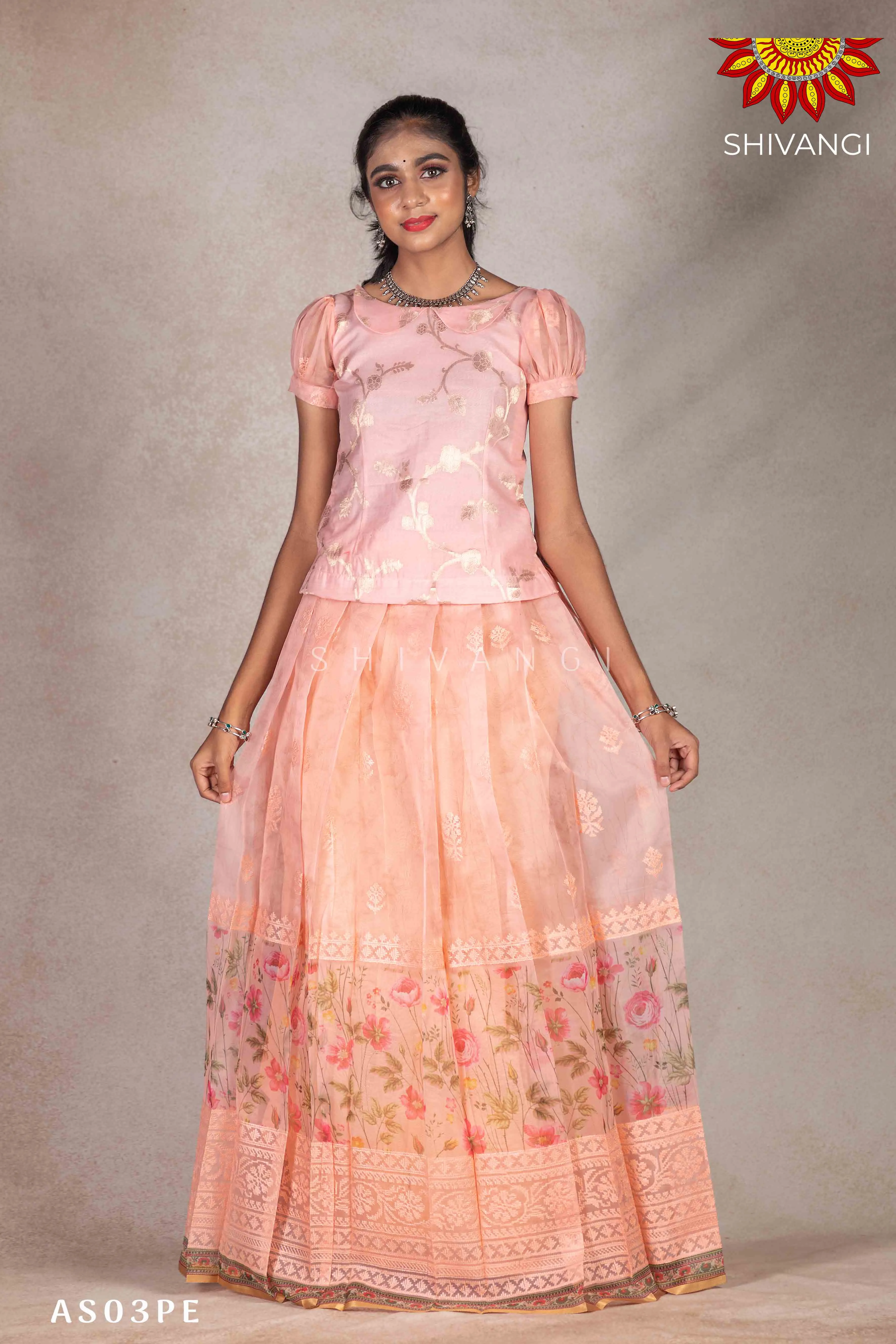 Girls Organza Rose Pattu Pavadai | Langa - Peach