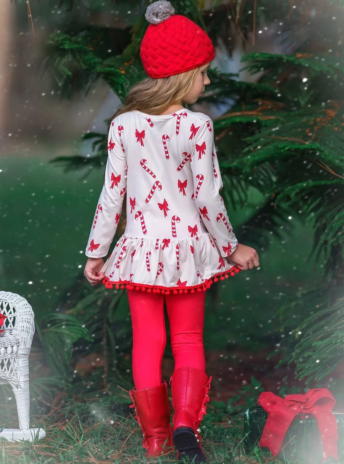 Girls Printed Long Sleeve Ruffled Pom Pom Hem Tunic And Red Legging Set