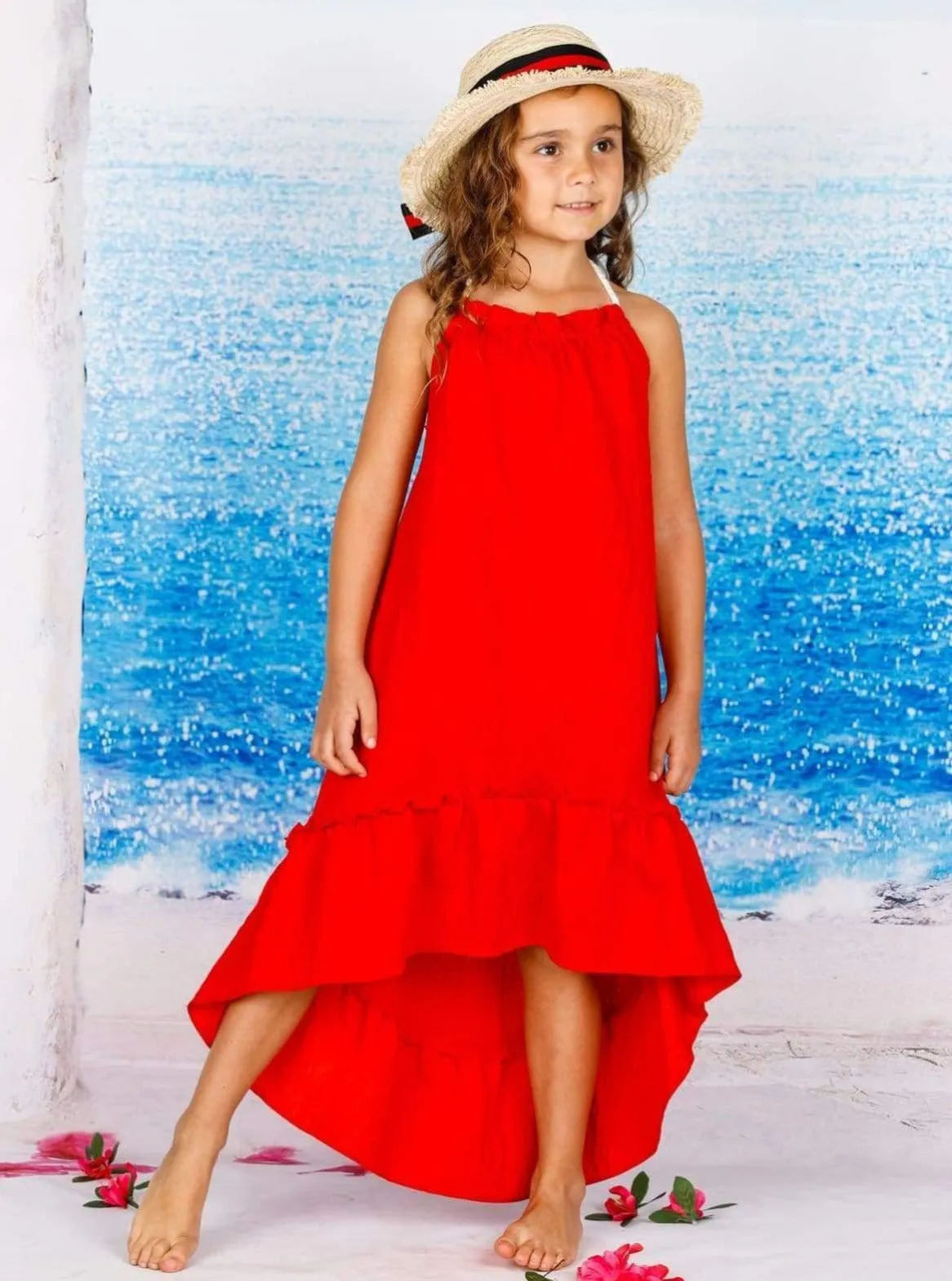 Girls Sleeveless Halter Strap Hi-Low Ruffle Maxi Dress