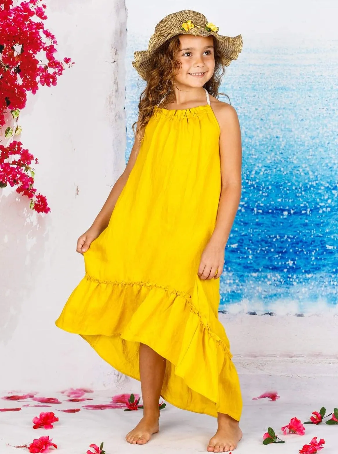 Girls Sleeveless Halter Strap Hi-Low Ruffle Maxi Dress