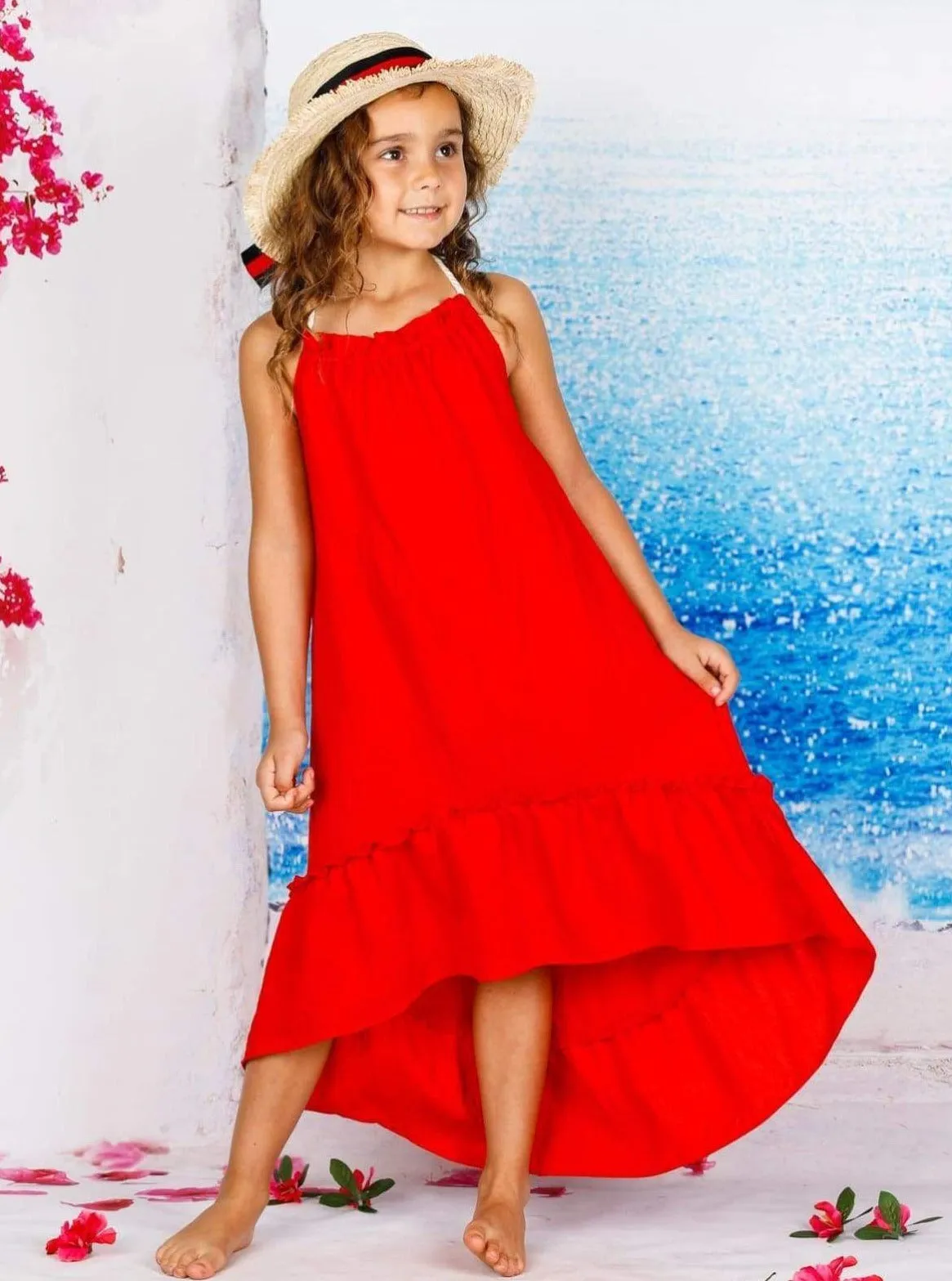 Girls Sleeveless Halter Strap Hi-Low Ruffle Maxi Dress